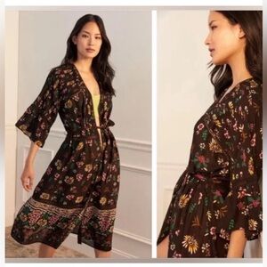 By Anthropologie Pintucked Floral Print Open Belted Robe Kimono Womens XL Boho